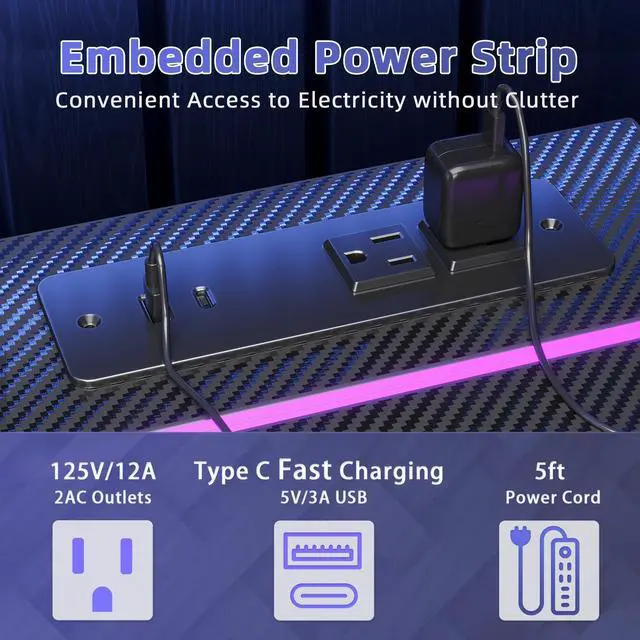 Alt view image 5 of 7 - Gaming Desk with Power Outlets & LED 40 Inch Ergonomic Computer Carbon Fiber Surface Gamer Desk, PC Workstation with Headphone Hook for Bedroom, Kids Desk Gift for Boys, Black