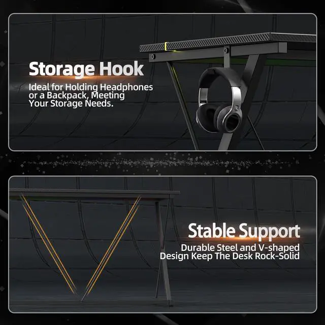 Alt view image 6 of 7 - Gaming Desk with Power Outlets & LED 40 Inch Ergonomic Computer Carbon Fiber Surface Gamer Desk, PC Workstation with Headphone Hook for Bedroom, Kids Desk Gift for Boys, Black