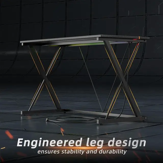 Alt view image 7 of 7 - Gaming Desk with Power Outlets & LED 40 Inch Ergonomic Computer Carbon Fiber Surface Gamer Desk, PC Workstation with Headphone Hook for Bedroom, Kids Desk Gift for Boys, Black