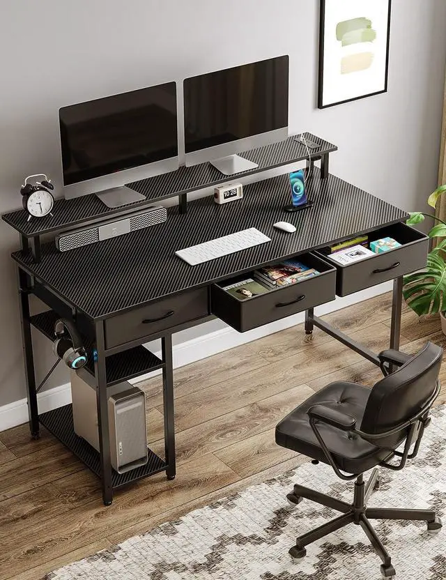 Alt view image 5 of 7 - Computer Desk with Power Outlets & LED Light, 39 inch Home Office Desk with 3 Drawers and Storage Shelves, Writing Desk with Monitor Stand, Modern Work Desk for Home Office, Carbon Black