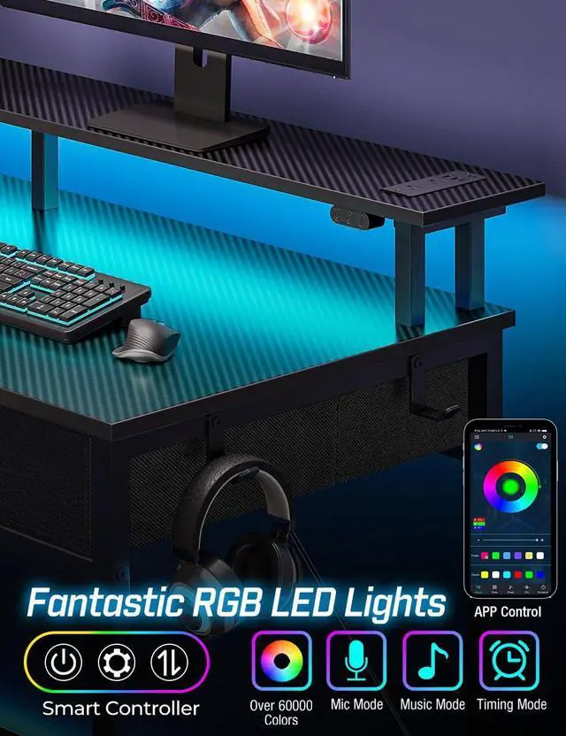 Alt view image 6 of 7 - Computer Desk with Power Outlets & LED Light, 39 inch Home Office Desk with 3 Drawers and Storage Shelves, Writing Desk with Monitor Stand, Modern Work Desk for Home Office, Carbon Black