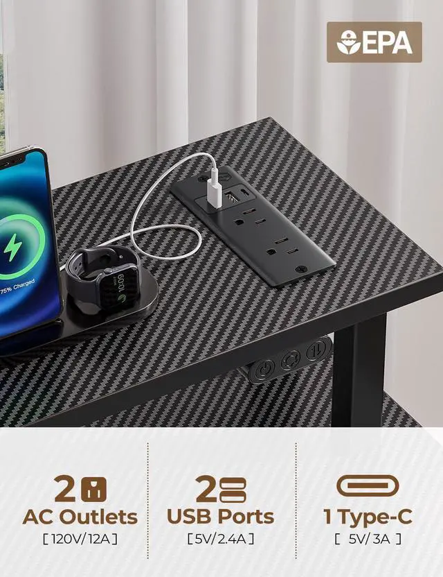 Alt view image 4 of 7 - Computer Desk with Power Outlets & LED Light, 39 inch Home Office Desk with 3 Drawers and Storage Shelves, Writing Desk with Monitor Stand, Modern Work Desk for Home Office, Carbon Black