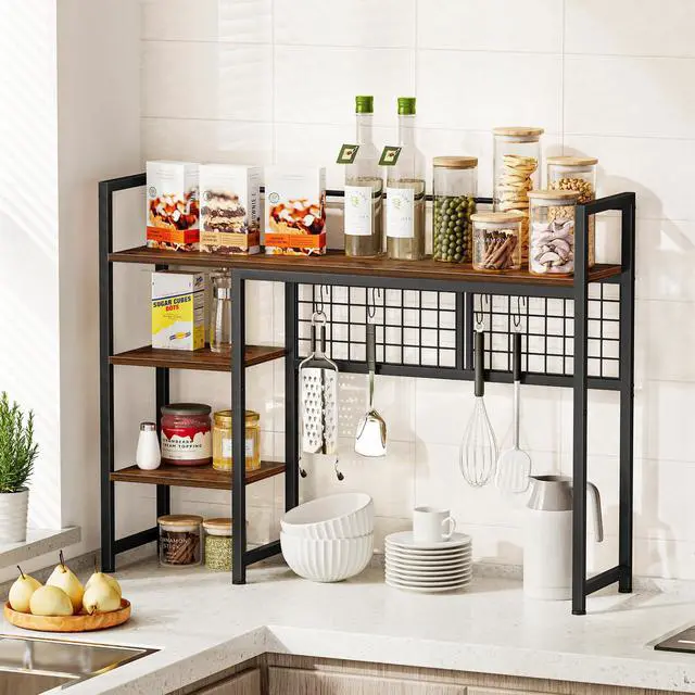 Alt view image 6 of 7 - Desk Shelf, 38.6" Desktop Organizer Shelf, Desk Hutch for Computer Monitor, 4 Tier Desk Display Rack with Pegboard Hooks Set, Wood Desktop Bookshelf for Home Office Dorm, Black