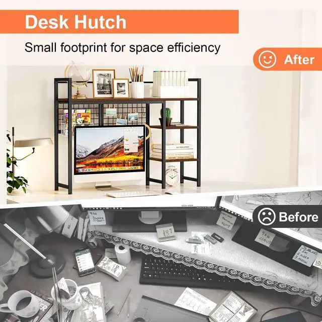 Alt view image 7 of 7 - Desk Shelf, 38.6" Desktop Organizer Shelf, Desk Hutch for Computer Monitor, 4 Tier Desk Display Rack with Pegboard Hooks Set, Wood Desktop Bookshelf for Home Office Dorm, Black