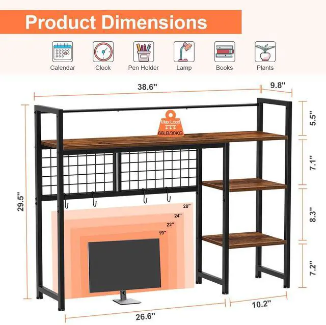 Alt view image 4 of 7 - Desk Shelf, 38.6" Desktop Organizer Shelf, Desk Hutch for Computer Monitor, 4 Tier Desk Display Rack with Pegboard Hooks Set, Wood Desktop Bookshelf for Home Office Dorm, Black