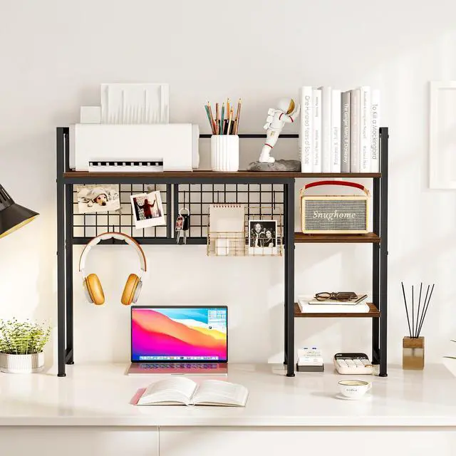 Alt view image 3 of 7 - Desk Shelf, 38.6" Desktop Organizer Shelf, Desk Hutch for Computer Monitor, 4 Tier Desk Display Rack with Pegboard Hooks Set, Wood Desktop Bookshelf for Home Office Dorm, Black