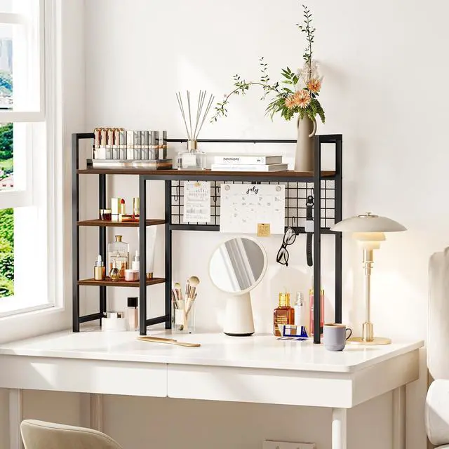 Alt view image 5 of 7 - Desk Shelf, 38.6" Desktop Organizer Shelf, Desk Hutch for Computer Monitor, 4 Tier Desk Display Rack with Pegboard Hooks Set, Wood Desktop Bookshelf for Home Office Dorm, Black