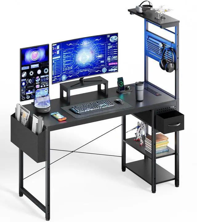 Main image of 47 Inch Gaming Desk, Computer Desk with Adjustable Storage Rack & LED Lights, PC Gaming Desk with Mini DIY Pegboard, Drawer and Power Outlets for Gaming Room,Carbon Fiber Black