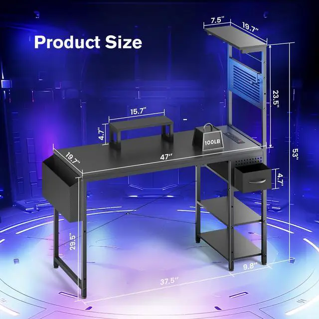 Alt view image 2 of 7 - 47 Inch Gaming Desk, Computer Desk with Adjustable Storage Rack & LED Lights, PC Gaming Desk with Mini DIY Pegboard, Drawer and Power Outlets for Gaming Room,Carbon Fiber Black