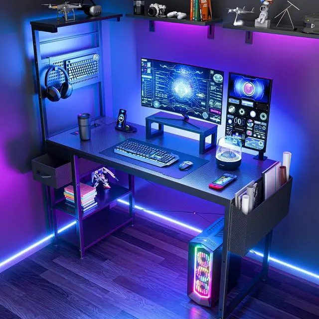 Alt view image 3 of 7 - 47 Inch Gaming Desk, Computer Desk with Adjustable Storage Rack & LED Lights, PC Gaming Desk with Mini DIY Pegboard, Drawer and Power Outlets for Gaming Room,Carbon Fiber Black