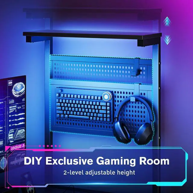 Alt view image 4 of 7 - 47 Inch Gaming Desk, Computer Desk with Adjustable Storage Rack & LED Lights, PC Gaming Desk with Mini DIY Pegboard, Drawer and Power Outlets for Gaming Room,Carbon Fiber Black