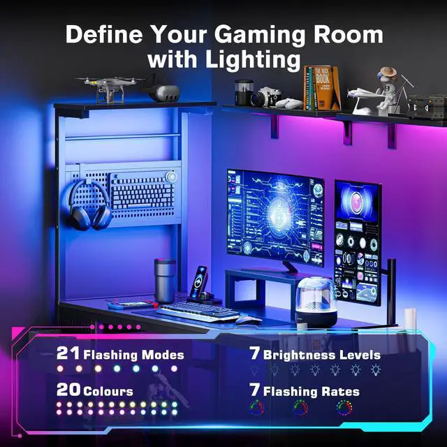 Alt view image 5 of 7 - 47 Inch Gaming Desk, Computer Desk with Adjustable Storage Rack & LED Lights, PC Gaming Desk with Mini DIY Pegboard, Drawer and Power Outlets for Gaming Room,Carbon Fiber Black