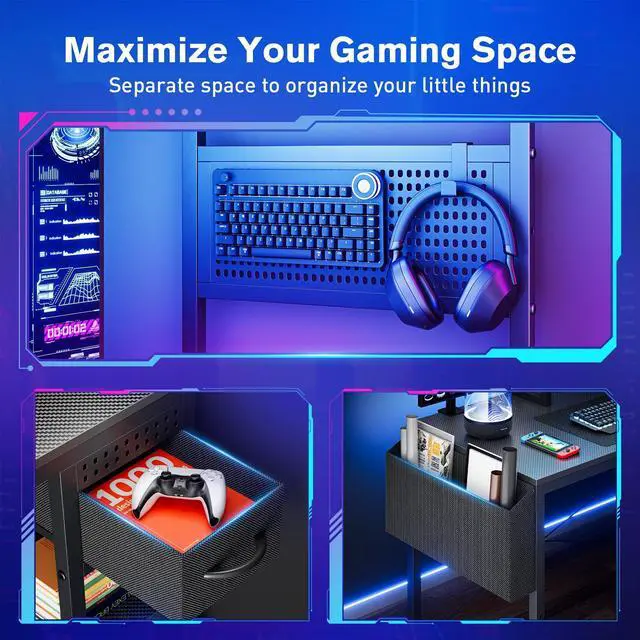 Alt view image 6 of 7 - 47 Inch Gaming Desk, Computer Desk with Adjustable Storage Rack & LED Lights, PC Gaming Desk with Mini DIY Pegboard, Drawer and Power Outlets for Gaming Room,Carbon Fiber Black