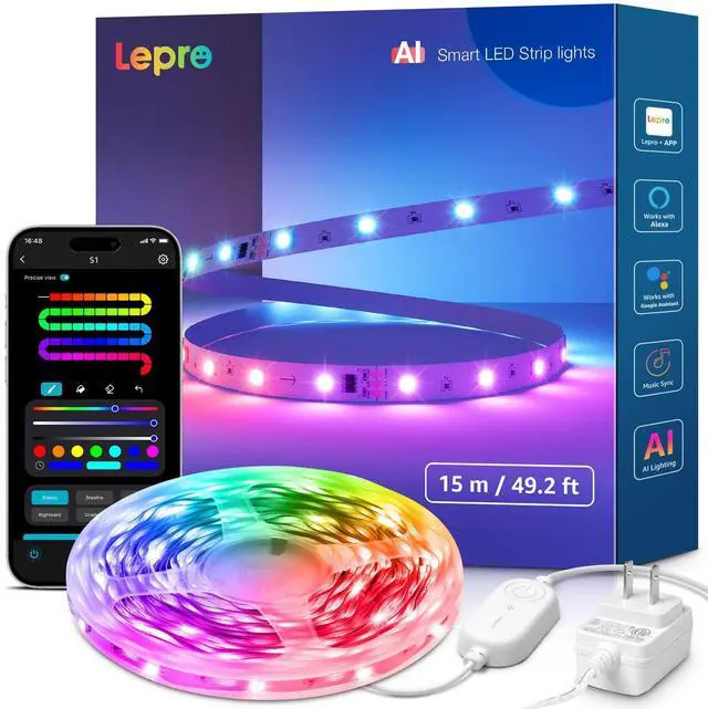 Main image of S1 AI LED Strip Lights for Bedroom - 50ft Smart RGB Light Strips with IC and Rainbow Chasing Effects, Color Segment DIY, Personalized Al Lighting Designer, No Remote, 2.4G Wi-Fi & Bluetooth