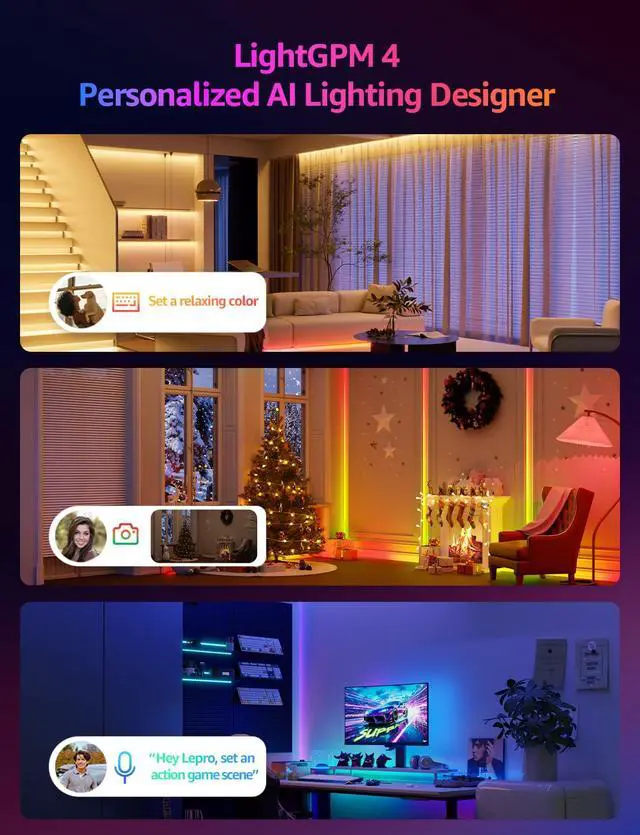 Alt view image 2 of 7 - S1 AI LED Strip Lights for Bedroom - 50ft Smart RGB Light Strips with IC and Rainbow Chasing Effects, Color Segment DIY, Personalized Al Lighting Designer, No Remote, 2.4G Wi-Fi & Bluetooth