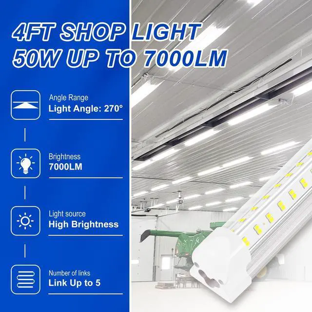 Alt view image 5 of 7 - Led Shop Lights, 4FT LED Light 50W 6500K 7000LM Daylight,Led Garage Light,Linkable Clear Cover Integrated V-Shape for Garage Warehouse Workbench Workshop(4-Pack)
