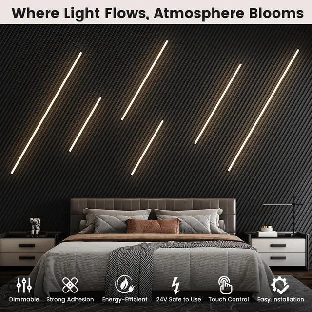Alt view image 2 of 7 - LED Recessed Lighting Kit for Wall Panels -  6pcs Adhesive Wall Strip Lights for Interior Wall Decor, 3000K Touchable Switch Lamp for Wood Slat, Wall Accent Acoustic Panels, Kitchen Home stair