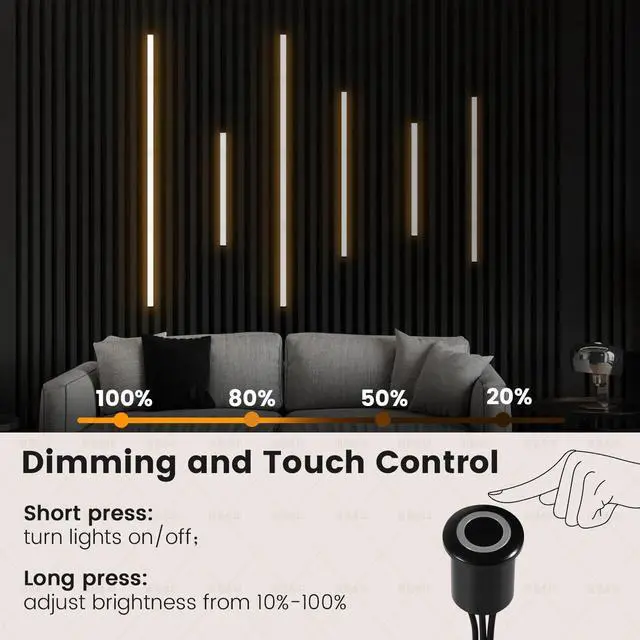 Alt view image 3 of 7 - LED Recessed Lighting Kit for Wall Panels -  6pcs Adhesive Wall Strip Lights for Interior Wall Decor, 3000K Touchable Switch Lamp for Wood Slat, Wall Accent Acoustic Panels, Kitchen Home stair