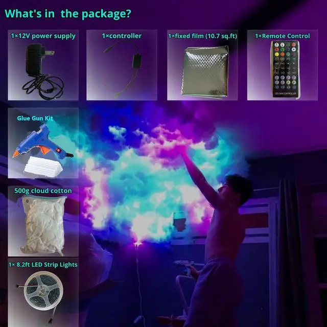 Alt view image 2 of 4 - Cloud LED Lights for Ceiling. 3D Thunder Clouds Light Music Sync LED Storm Cotton Kits with Multicolor Changing Strip. Thundercloud DIY Set for Gaming Room & Basement décor