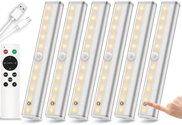 Main image of Remote Control Under Cabinet Lighting Wireless 6 Pack, 20-LED Dimmable Closet Lights Rechargeable Under Counter Light, Stick on Touch Night Light Strip Bar for Kitchen Stairway Bedroom, 3 Colors