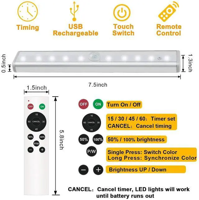 Alt view image 4 of 7 - Remote Control Under Cabinet Lighting Wireless 6 Pack, 20-LED Dimmable Closet Lights Rechargeable Under Counter Light, Stick on Touch Night Light Strip Bar for Kitchen Stairway Bedroom, 3 Colors