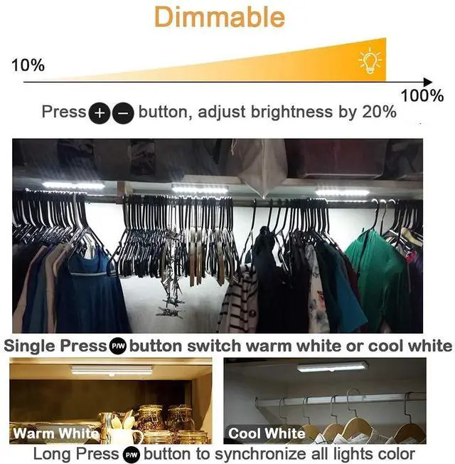 Alt view image 5 of 7 - Remote Control Under Cabinet Lighting Wireless 6 Pack, 20-LED Dimmable Closet Lights Rechargeable Under Counter Light, Stick on Touch Night Light Strip Bar for Kitchen Stairway Bedroom, 3 Colors