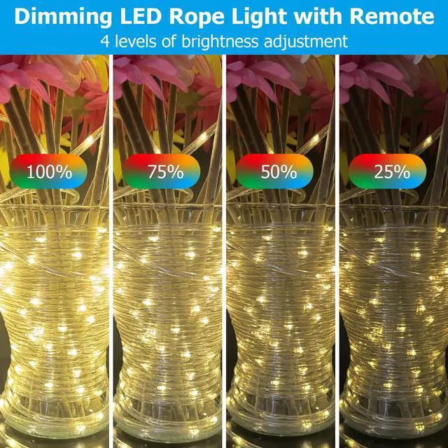 Alt view image 5 of 7 - 100ft Outdoor Rope Light, IP68 Waterproof 25 Color Changing String Lights with 149 Modes, Warm White & RGB LED Multicolor Twinkle Fairy Tube Lights for Indoor & Outside Railing, Balcony, Patio Decor