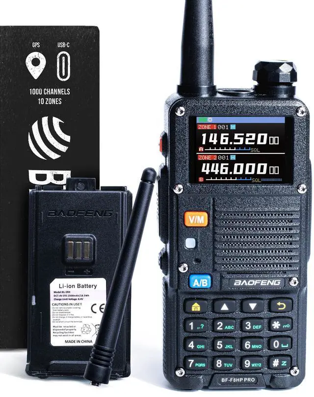 Main image of BF-F8HP PRO 10 W Tri-Band Two-Way Radio  UV-5R 7th Gen, 1000 Channels, GPS & NOAA Weather, Aviation/VHF/UHF/1.25 m Scanner, IP54 Rugged, USB-C Rechargeable Battery