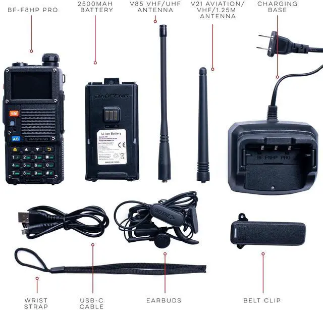 Alt view image 7 of 7 - BF-F8HP PRO 10 W Tri-Band Two-Way Radio  UV-5R 7th Gen, 1000 Channels, GPS & NOAA Weather, Aviation/VHF/UHF/1.25 m Scanner, IP54 Rugged, USB-C Rechargeable Battery