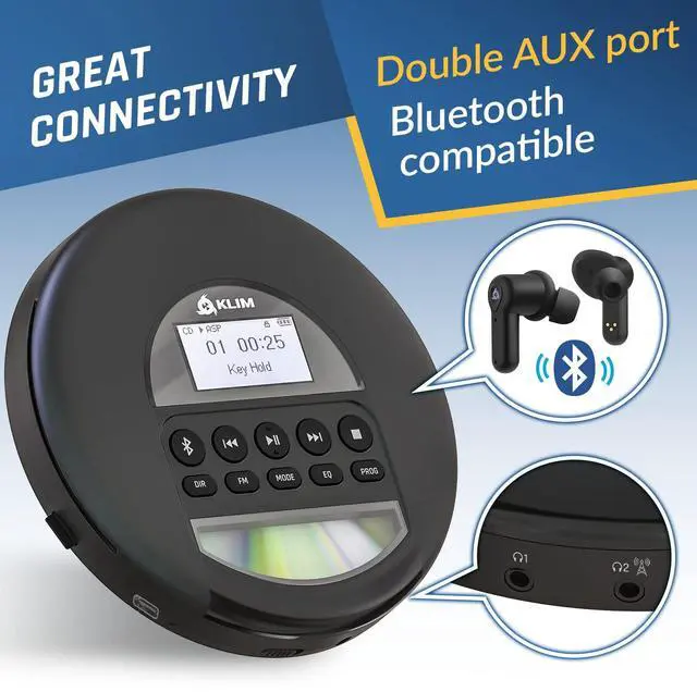 Alt view image 6 of 6 - New 2023 - Portable CD Player Walkman with Long-Lasting Battery - with Headphones - Radio FM - Compatible MP3 CD Player Portable - TF Card Radio FM AM Bluetooth - Ideal for Cars - Black