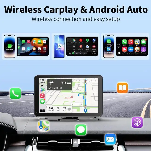 Alt view image 2 of 7 - CarPlay Screen for Car, 9'' Wireless CarPlay & Android Auto - Smart Portable Touchscreen with Bluetooth/FM, Mirror Link, Voice Control, GPS Navigation, Hands-Free Calling, Plug & Play Car Play Screen