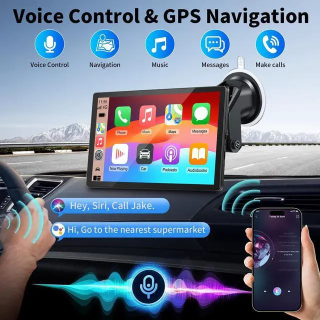 Alt view image 3 of 7 - CarPlay Screen for Car, 9'' Wireless CarPlay & Android Auto - Smart Portable Touchscreen with Bluetooth/FM, Mirror Link, Voice Control, GPS Navigation, Hands-Free Calling, Plug & Play Car Play Screen