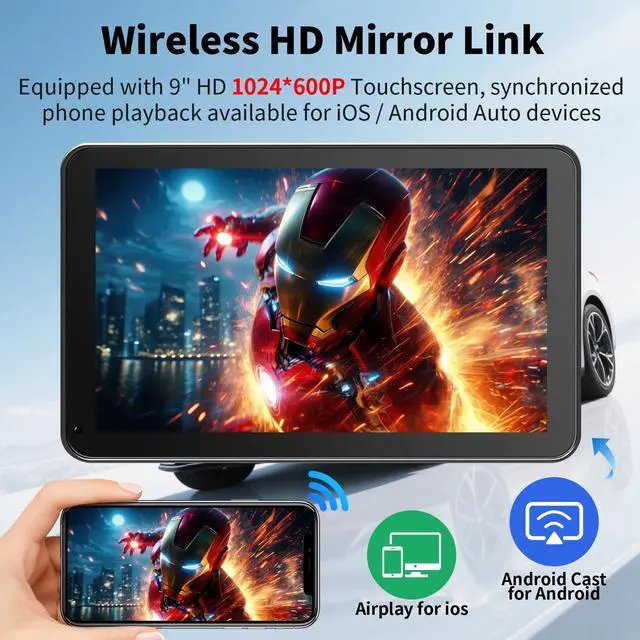 Alt view image 4 of 7 - CarPlay Screen for Car, 9'' Wireless CarPlay & Android Auto - Smart Portable Touchscreen with Bluetooth/FM, Mirror Link, Voice Control, GPS Navigation, Hands-Free Calling, Plug & Play Car Play Screen