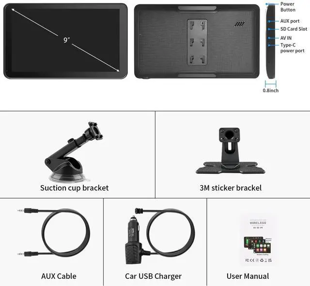 Alt view image 7 of 7 - CarPlay Screen for Car, 9'' Wireless CarPlay & Android Auto - Smart Portable Touchscreen with Bluetooth/FM, Mirror Link, Voice Control, GPS Navigation, Hands-Free Calling, Plug & Play Car Play Screen