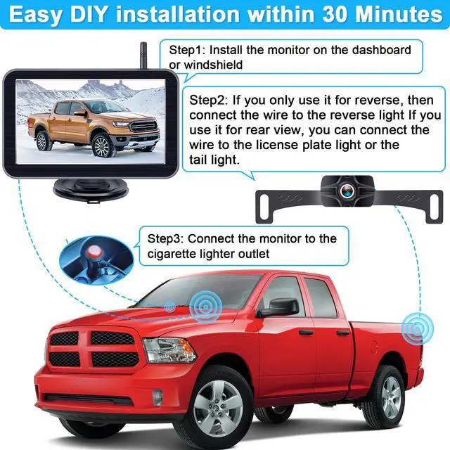 Alt view image 3 of 7 - 7-Inch Wireless Backup Camera for Truck - 2 Channel, DIY Grid Lines, HD 1080P, Night Vision, IP69K Waterproof, Backup Camera for Truck, Pickup, Trailer, Cars - Parking Safety & Towing Assistance