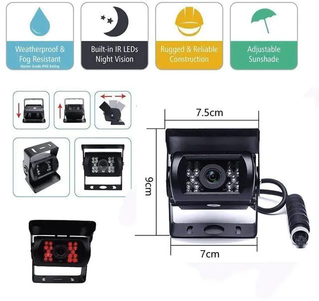 Alt view image 4 of 7 - 7" Backup Camera with Monitor Kit Waterproof Reverse Camera | 18 IR LED Night Vision Rear View Monitor Vehicle Parking System, For RV Bus Trailer Truck (65ft 4-Pin Aviation Video Cable)