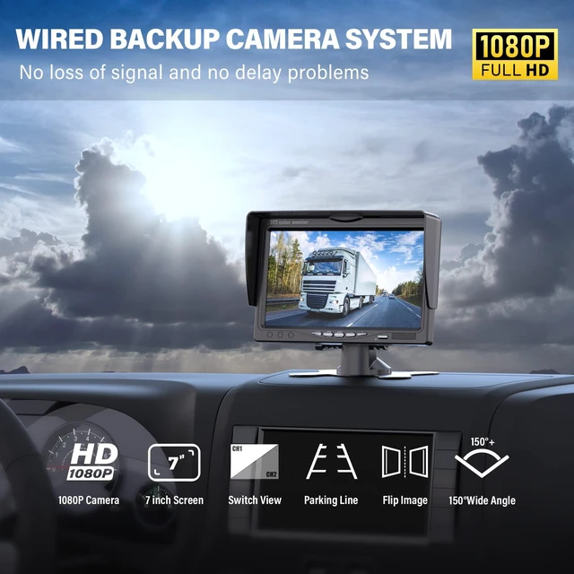 Alt view image 2 of 7 - Wired RV Backup Camera, 7" 1080P IPS Monitor & 2 Rear View Cameras Back Up Camera for Truck RV Trailer Tractor Skid Steer, Reverse Camera for Semi Truck, IP69 Waterproof Night Vision TZ102