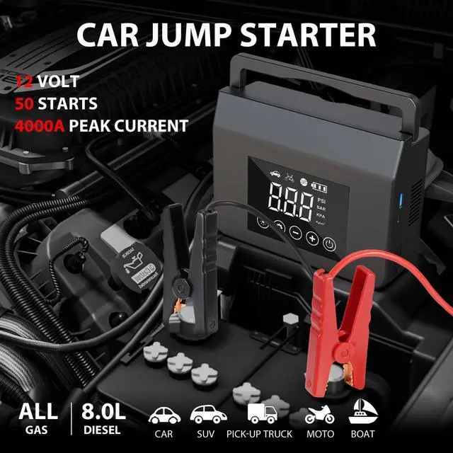 Alt view image 2 of 7 - Jump Starter with Air Compressor, 4000A Car Battery Jump Starter(ALL Gas/8.0L Diesel) with 150PSI Tire Inflator 12V Car Battery Jump Power, 15000mAh PowerBank With LED Light, with Type-C Quick Charge.
