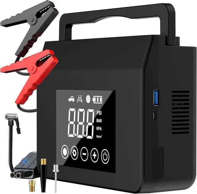 Main image of Jump Starter with Air Compressor, 4000A Car Battery Jump Starter(ALL Gas/8.0L Diesel) with 150PSI Tire Inflator 12V Car Battery Jump Power, 15000mAh PowerBank With LED Light, with Type-C Quick Charge.