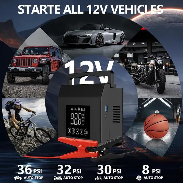 Alt view image 5 of 7 - Jump Starter with Air Compressor, 4000A Car Battery Jump Starter(ALL Gas/8.0L Diesel) with 150PSI Tire Inflator 12V Car Battery Jump Power, 15000mAh PowerBank With LED Light, with Type-C Quick Charge.