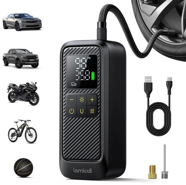 Main image of Tire Inflator Portable Air Compressor - Lamicall [5X Faster] [150 PSI] [Rechargeable] Car Air Pump, Digital Display Pressure Gauge, LED Light, Cordless Pump for Car, Bike, Motorcycle, Ball