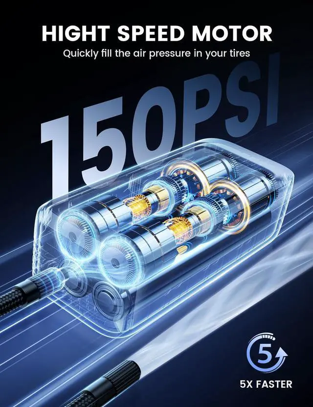 Alt view image 3 of 7 - Tire Inflator Portable Air Compressor - Lamicall [5X Faster] [150 PSI] [Rechargeable] Car Air Pump, Digital Display Pressure Gauge, LED Light, Cordless Pump for Car, Bike, Motorcycle, Ball