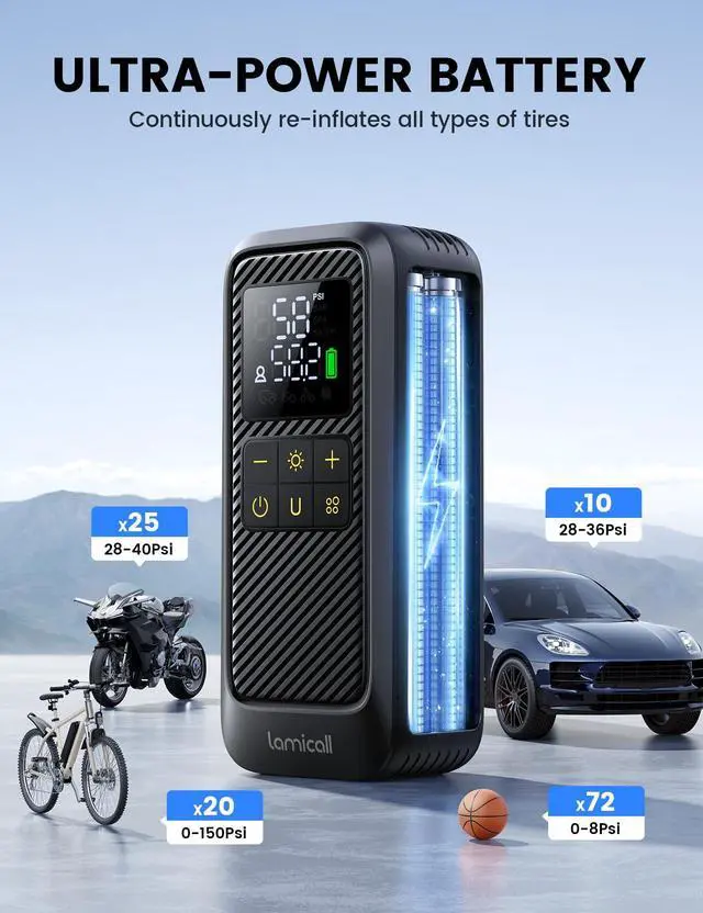 Alt view image 4 of 7 - Tire Inflator Portable Air Compressor - Lamicall [5X Faster] [150 PSI] [Rechargeable] Car Air Pump, Digital Display Pressure Gauge, LED Light, Cordless Pump for Car, Bike, Motorcycle, Ball