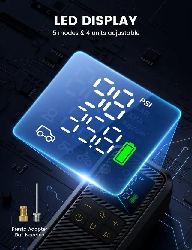 Alt view image 5 of 7 - Tire Inflator Portable Air Compressor - Lamicall [5X Faster] [150 PSI] [Rechargeable] Car Air Pump, Digital Display Pressure Gauge, LED Light, Cordless Pump for Car, Bike, Motorcycle, Ball