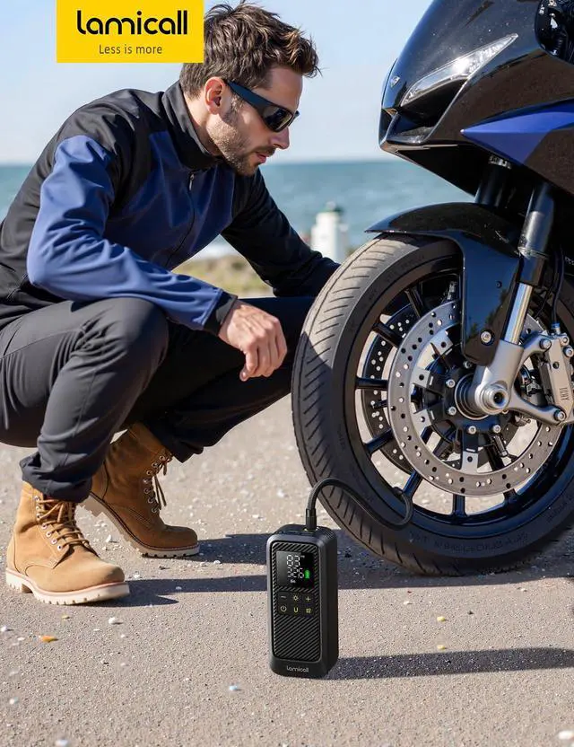 Alt view image 7 of 7 - Tire Inflator Portable Air Compressor - Lamicall [5X Faster] [150 PSI] [Rechargeable] Car Air Pump, Digital Display Pressure Gauge, LED Light, Cordless Pump for Car, Bike, Motorcycle, Ball