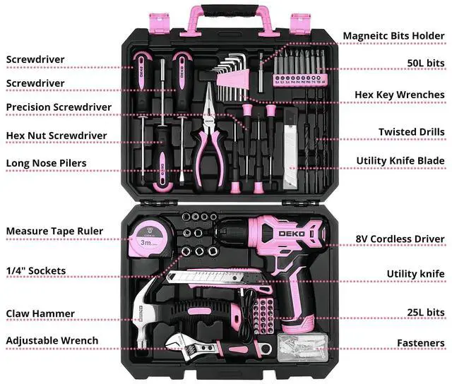 Alt view image 2 of 6 - Drill Set, Home Tool Set with 8V Pink Cordless Drill, Hand Tool Kit for Women, 126 pcs