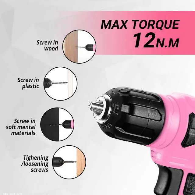 Alt view image 5 of 6 - Drill Set, Home Tool Set with 8V Pink Cordless Drill, Hand Tool Kit for Women, 126 pcs