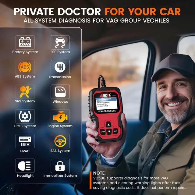 Alt view image 2 of 7 - VD500 OBD2 Scanner Diagnostic Tool for Volkswagen VW Audi Skoda Seat Diagnosis Check Engine Light EPB ABS SRS Code Reader Oil Throttle Position Adaption Brake Pad Reset