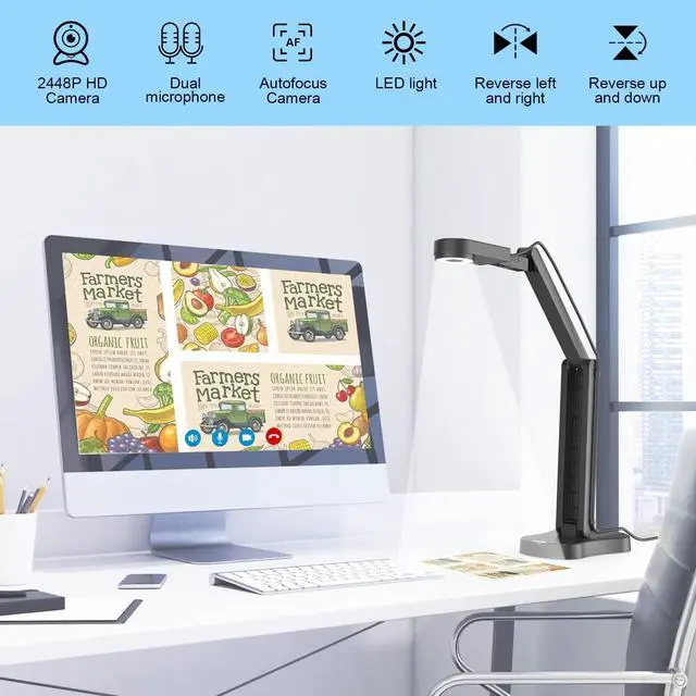 Alt view image 2 of 7 - 8MP USB Document Camera for Teachers and Classroom for A3 A4 Size with Dual Mic, 3-Level LED Light, Up and Down, Left and Right Image Inversion, for Distance Teaching & Learning