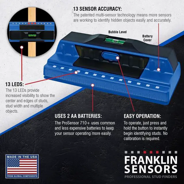 Alt view image 3 of 6 - ProSensor 710+ Stud Finder with 13-Sensors, Wood & Metal Stud Detector/Wall Scanner, Built-in Bubble Level, Blue, Made in the USA